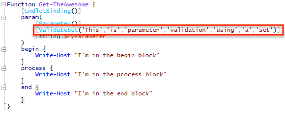 El atributo de validación del parámetro ValidateSet de PowerShell