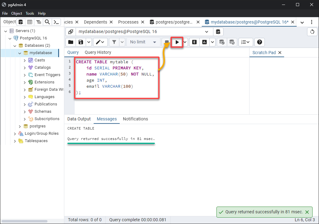 Creando una tabla en la nueva base de datos