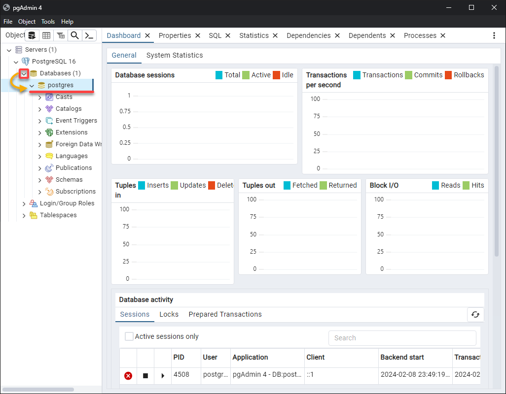 Ver la base de datos de Postgres predeterminada