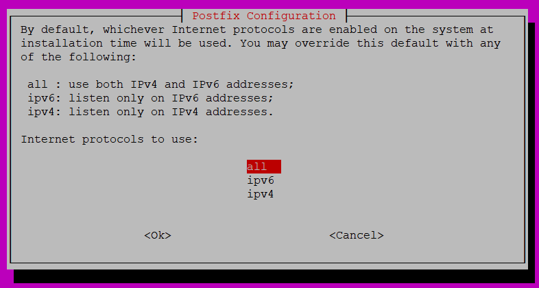 Seleccionar los protocolos de Internet para Postfix
