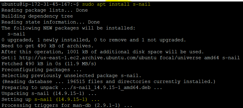 Instalación del cliente de correo (s-nail) en la máquina Ubuntu