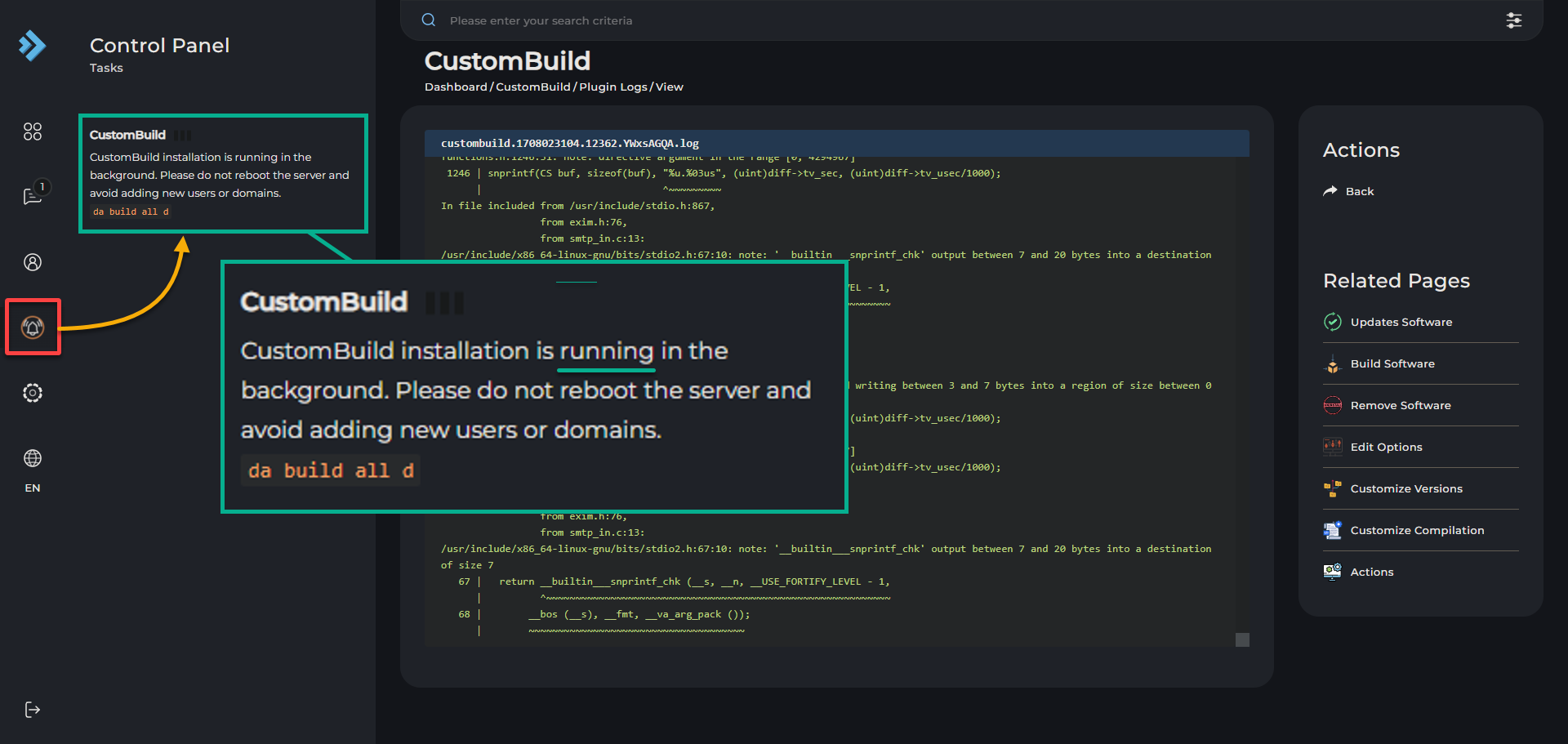 Ver el estado del servidor y confirmar que CustomBuild se está ejecutando