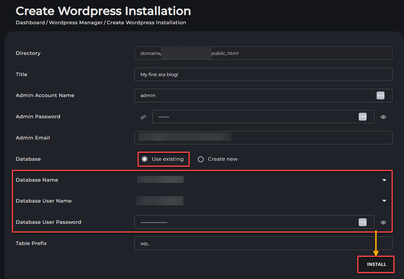 Configuración de credenciales de base de datos e instalación de WordPress