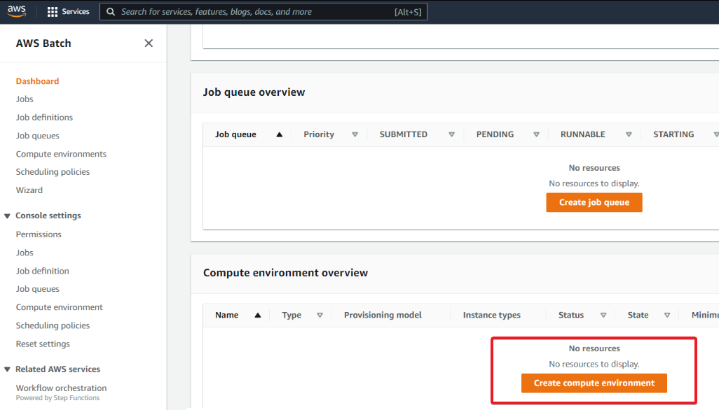 Iniciar la creación del entorno informático para un trabajo de AWS Batch