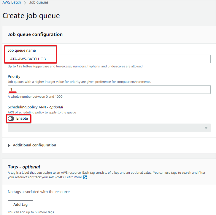 Especificación de la configuración de la cola de trabajos