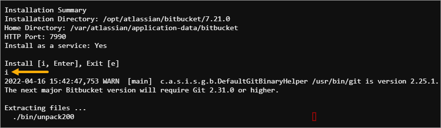 Confirmar la configuración de instalación de Bitbucket