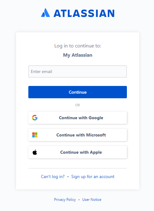 Página de inicio de sesión de la cuenta de Atlassian