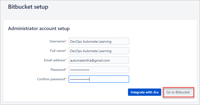 Creando la cuenta de administrador de Bitbucket