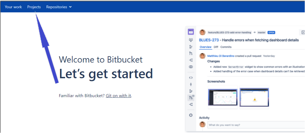 Página de bienvenida de Bitbucket