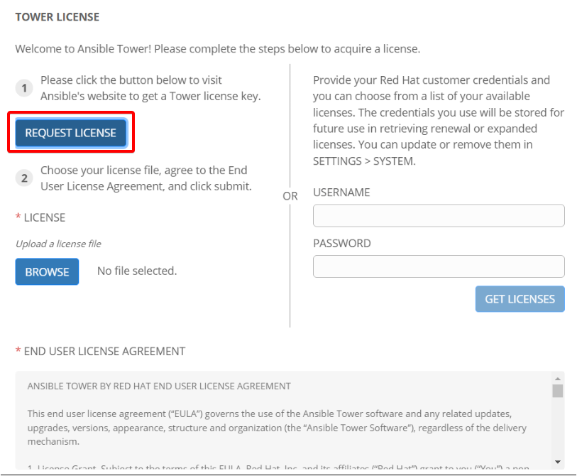 Solicitar la licencia de Ansible Tower
