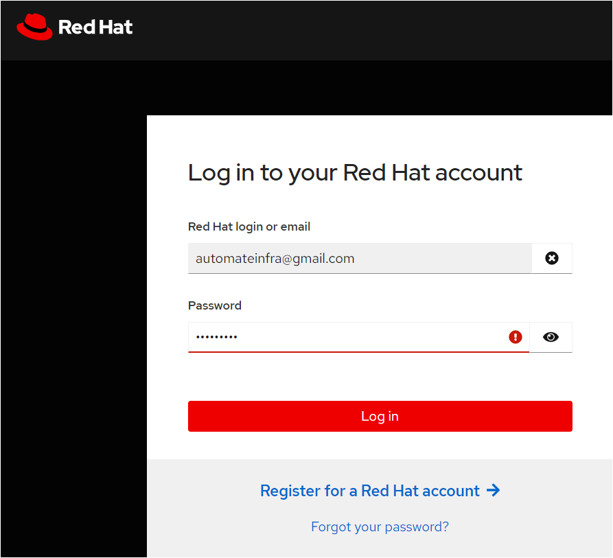 Proporcionar el nombre de usuario y la contraseña de Red Hat