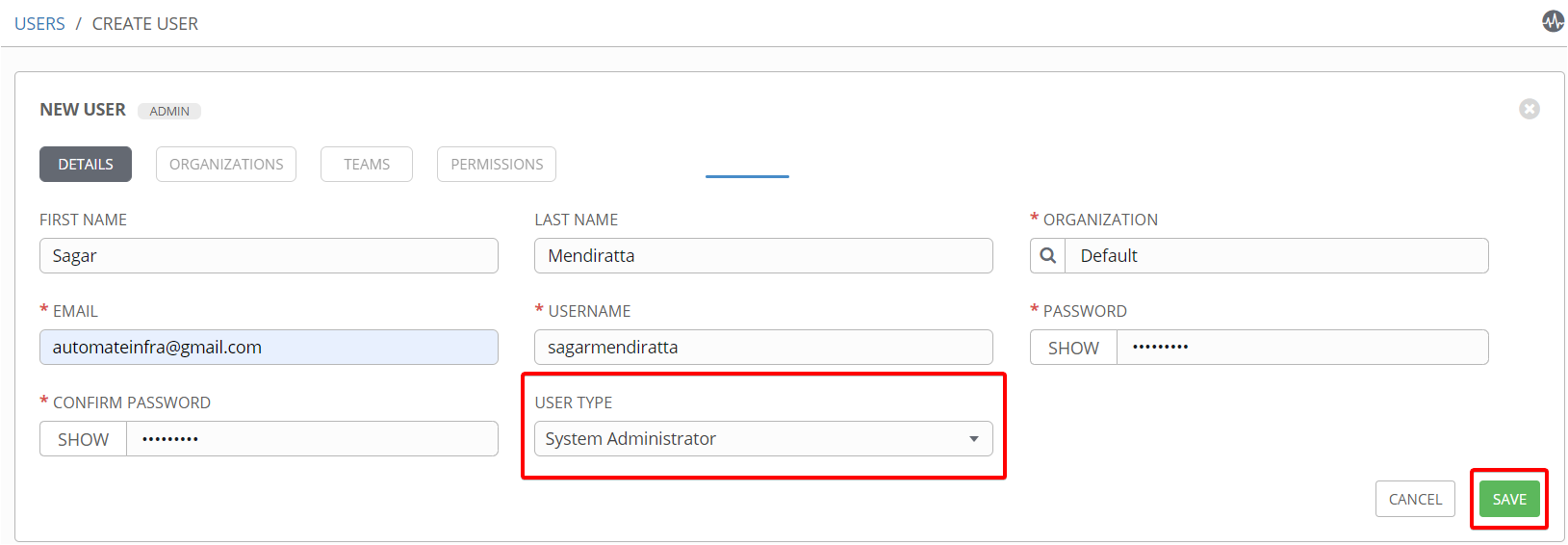 Proporcionar los detalles del usuario en Ansible Tower