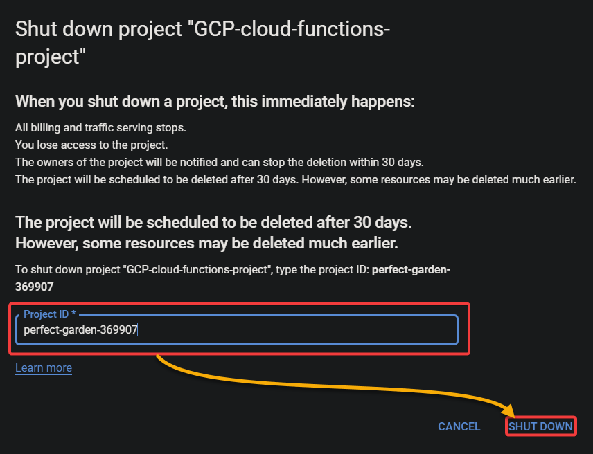 Confirmando la eliminación del proyecto de GCP