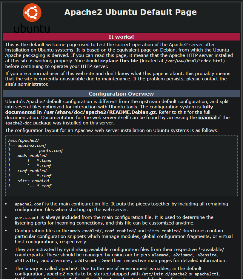 Verificación de la instalación de Apache accediendo a la página predeterminada de Apache