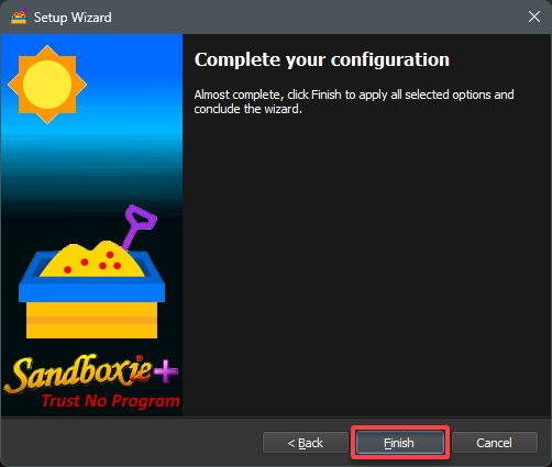 Finalizando la configuración de Sandboxie-Plus