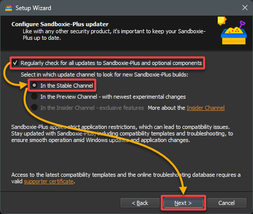 Configurar Sandboxie-Plus para buscar actualizaciones periódicamente