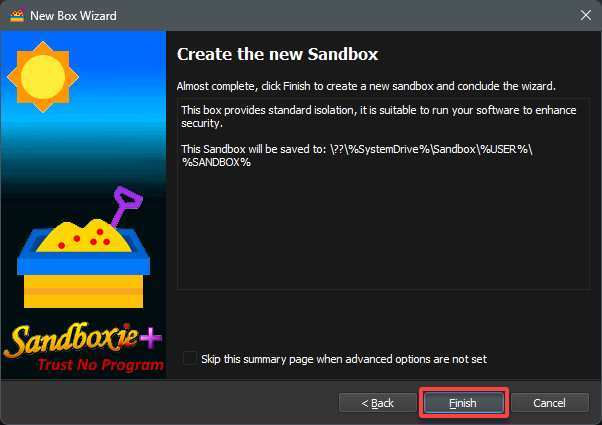 Finalizando la creación del nuevo sandbox