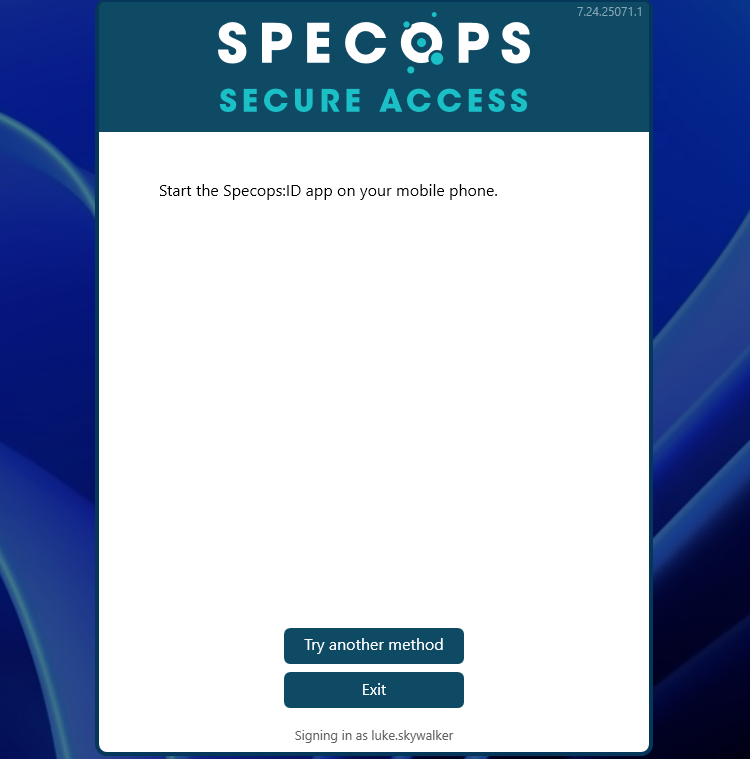 Solicitud de autenticación MFA de la aplicación Specops ID en un teléfono inteligente